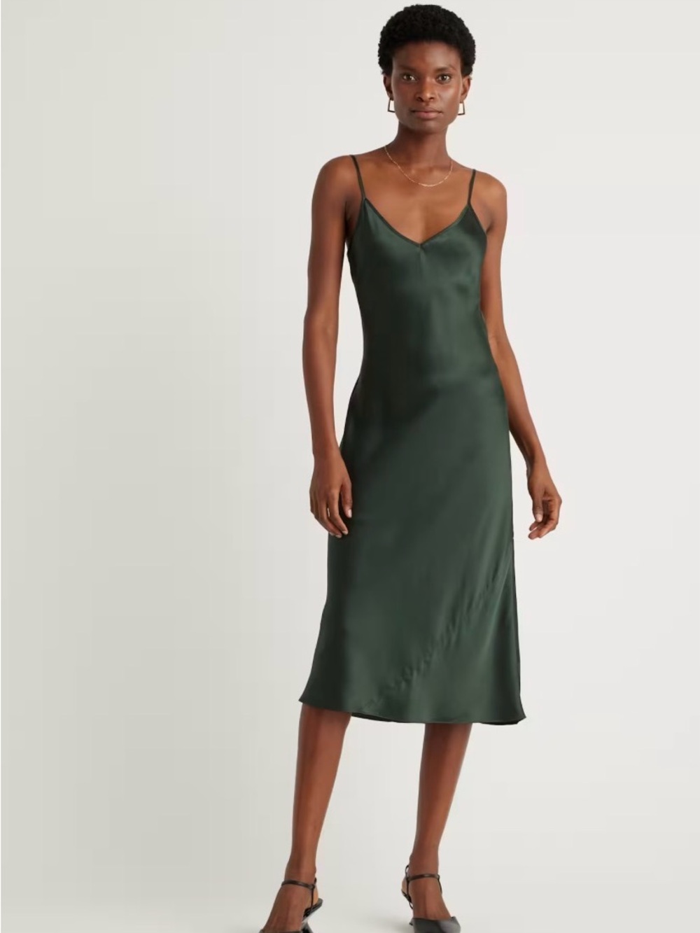Quince Satin Slip Dress in Deep Green